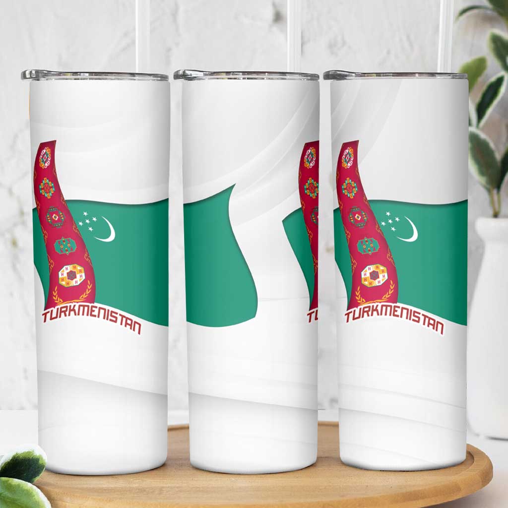 Turkmenistan Flag Skinny Tumbler with National Emblem and Carpet Stripe Design