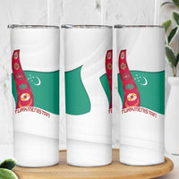 Turkmenistan Flag Skinny Tumbler with National Emblem and Carpet Stripe Design
