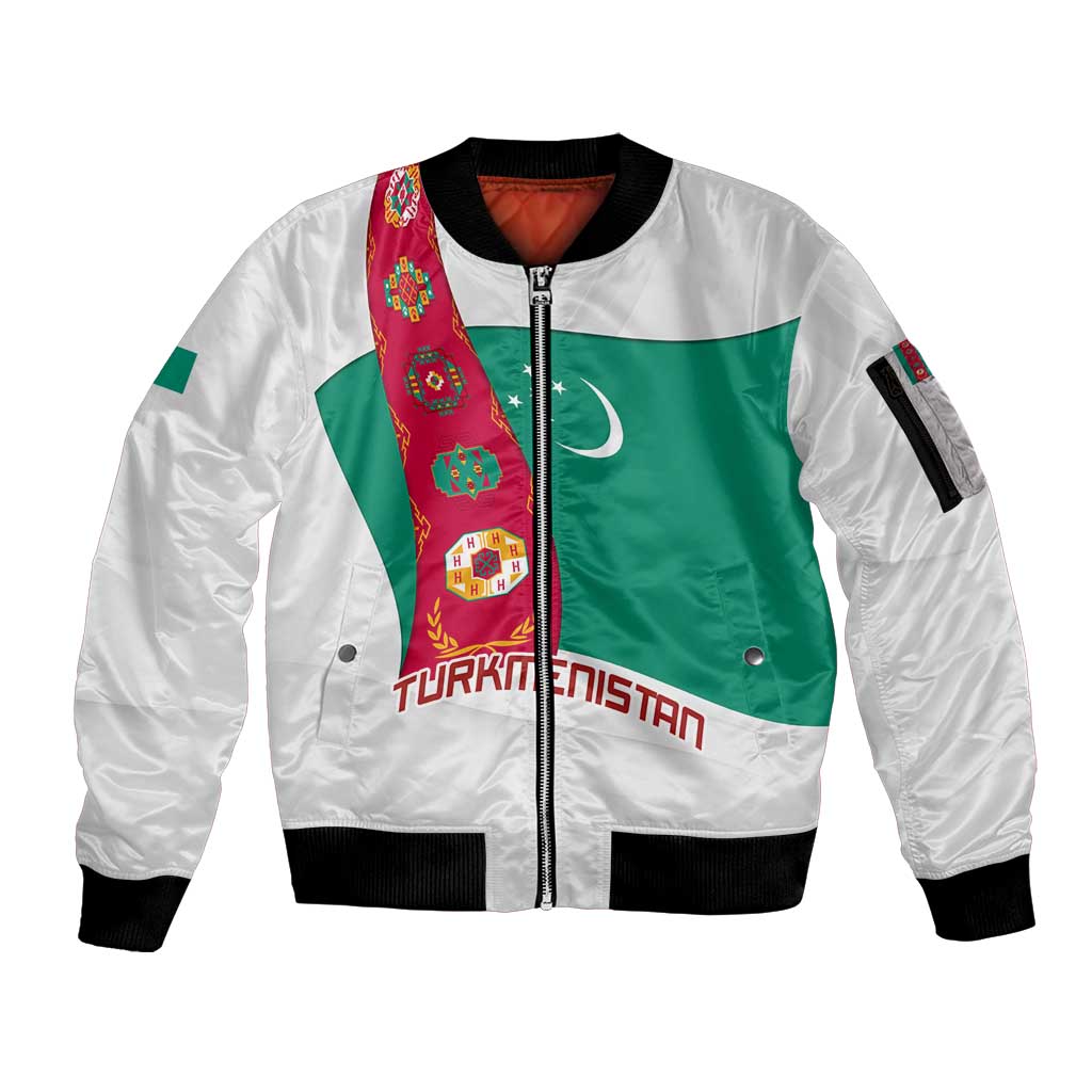 Turkmenistan Flag Sleeve Zip Bomber Jacket with National Emblem and Carpet Stripe Design