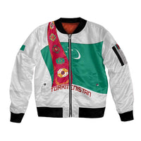 Turkmenistan Flag Sleeve Zip Bomber Jacket with National Emblem and Carpet Stripe Design