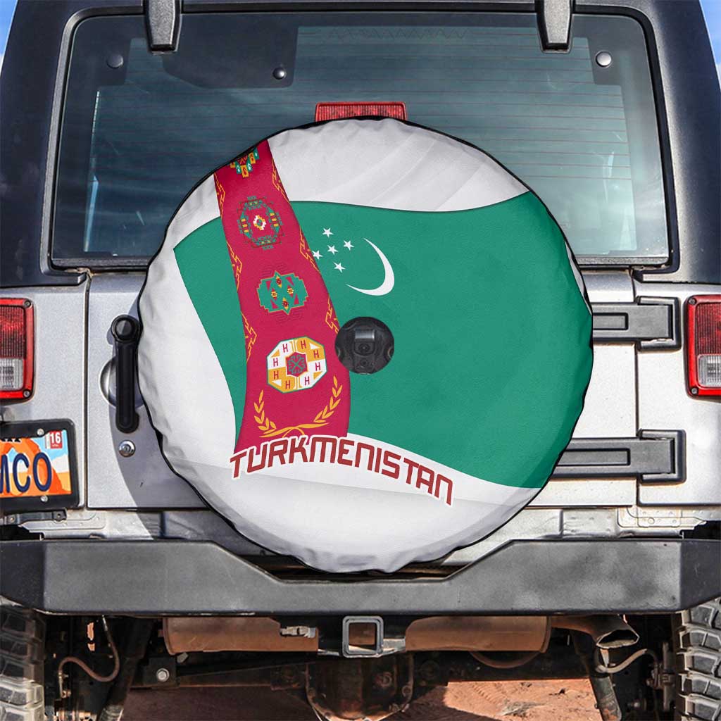 Turkmenistan Flag Spare Tire Cover with National Emblem and Carpet Stripe Design