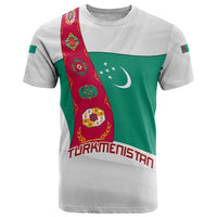 Turkmenistan Flag T Shirt with National Emblem and Carpet Stripe Design