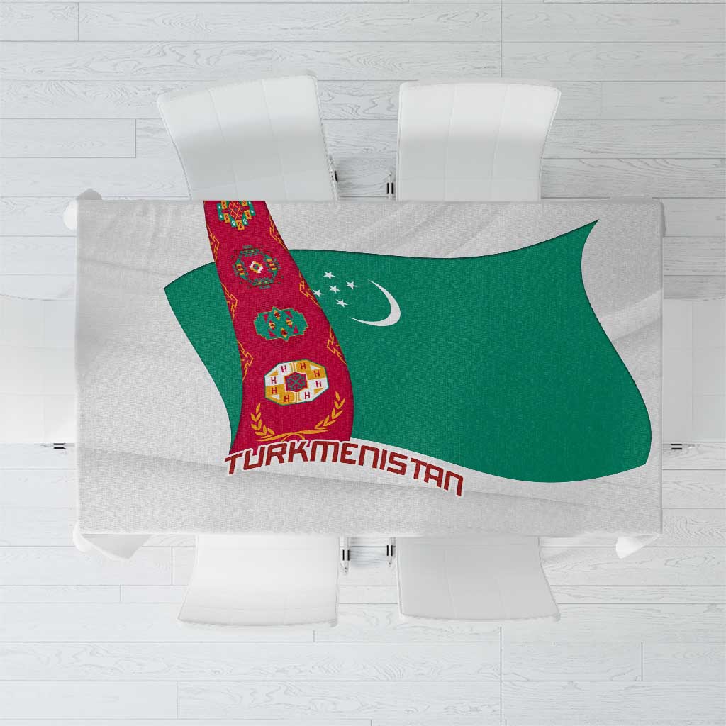 Turkmenistan Flag Tablecloth with National Emblem and Carpet Stripe Design