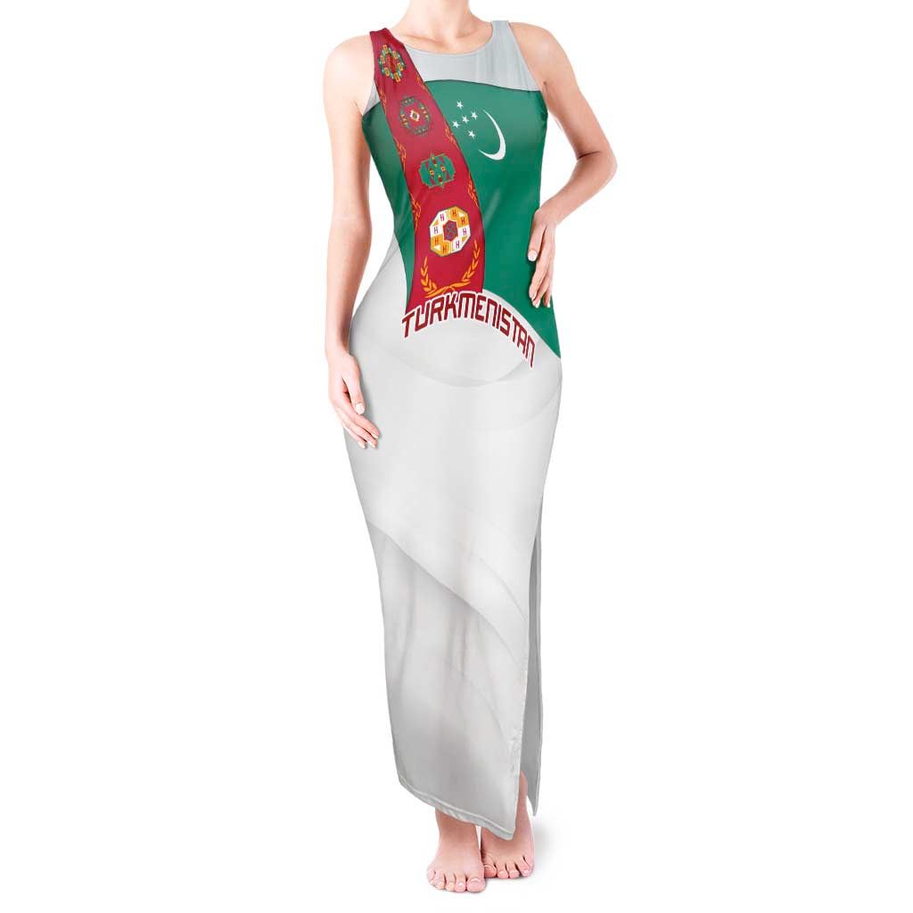 Turkmenistan Flag Tank Maxi Dress with National Emblem and Carpet Stripe Design
