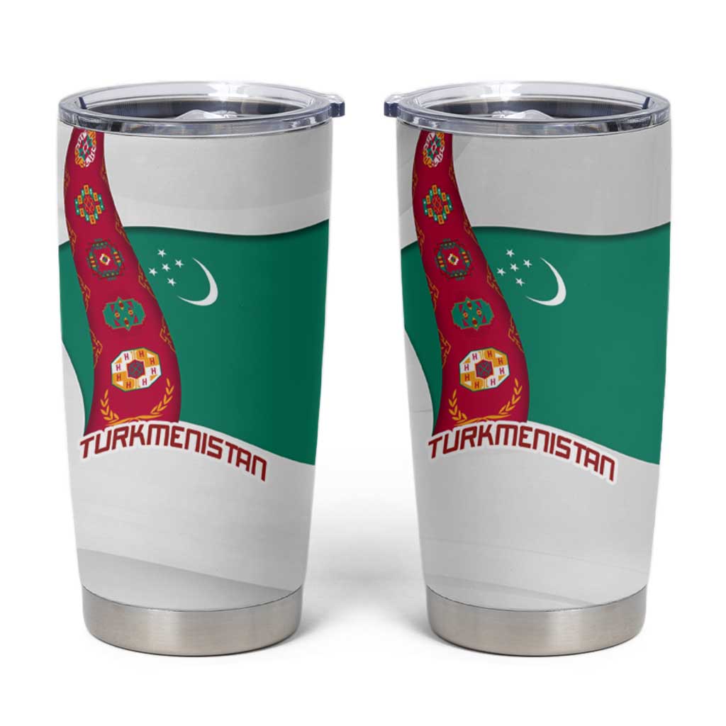 Turkmenistan Flag Tumbler Cup with National Emblem and Carpet Stripe Design