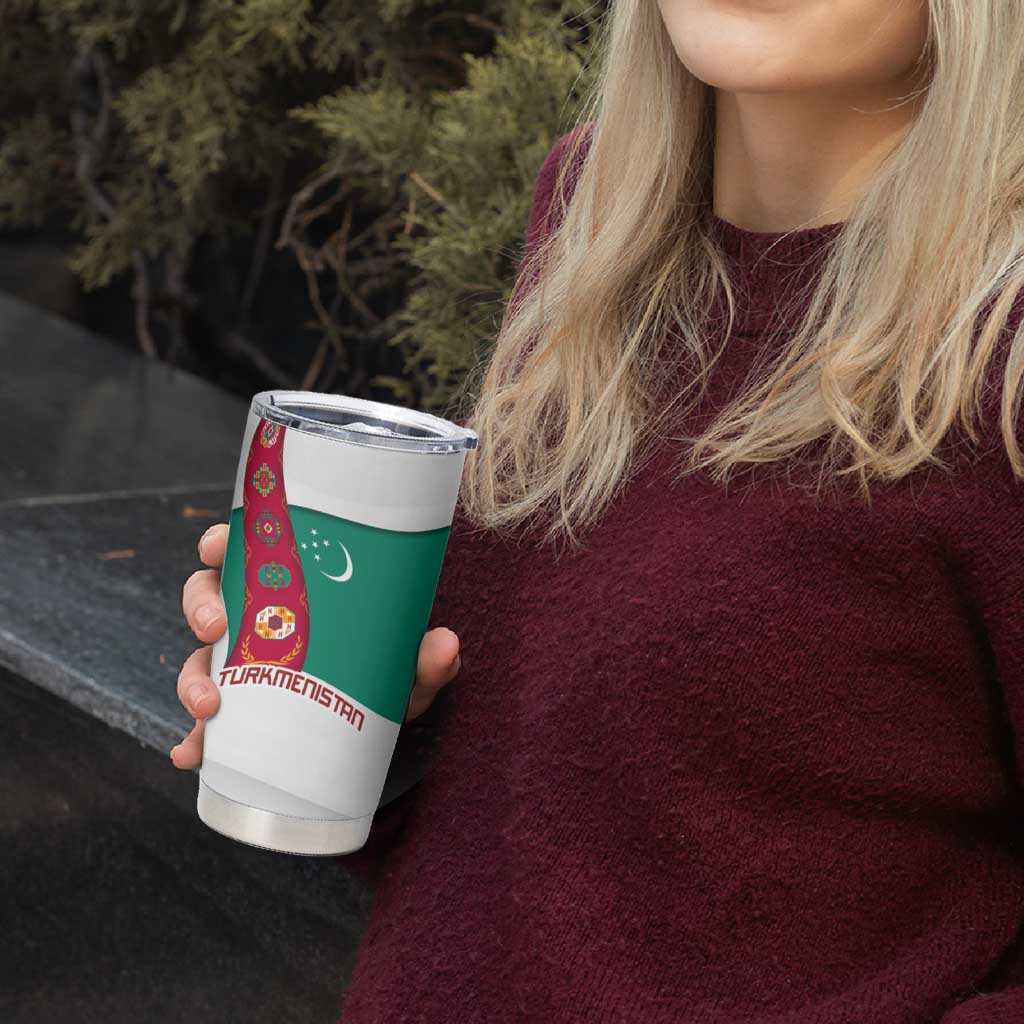 Turkmenistan Flag Tumbler Cup with National Emblem and Carpet Stripe Design