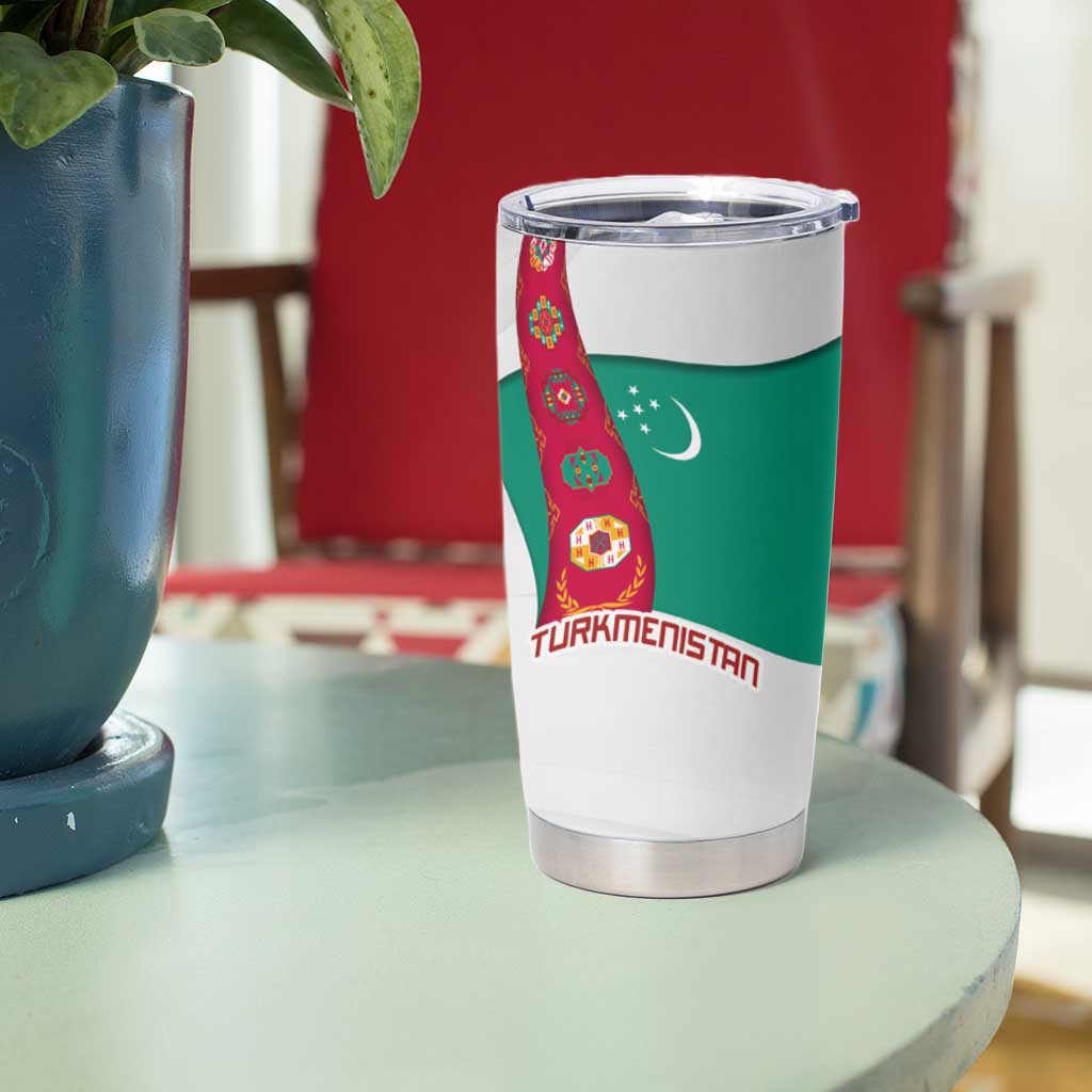 Turkmenistan Flag Tumbler Cup with National Emblem and Carpet Stripe Design