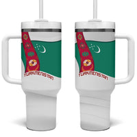 Turkmenistan Flag Tumbler With Handle with National Emblem and Carpet Stripe Design