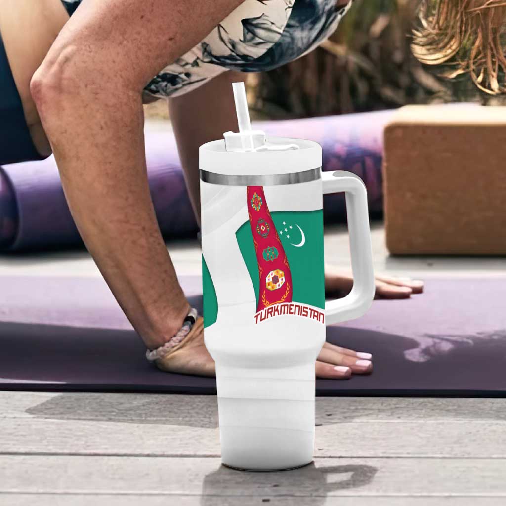 Turkmenistan Flag Tumbler With Handle with National Emblem and Carpet Stripe Design