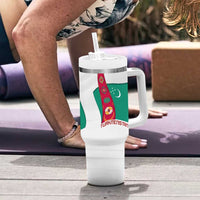 Turkmenistan Flag Tumbler With Handle with National Emblem and Carpet Stripe Design