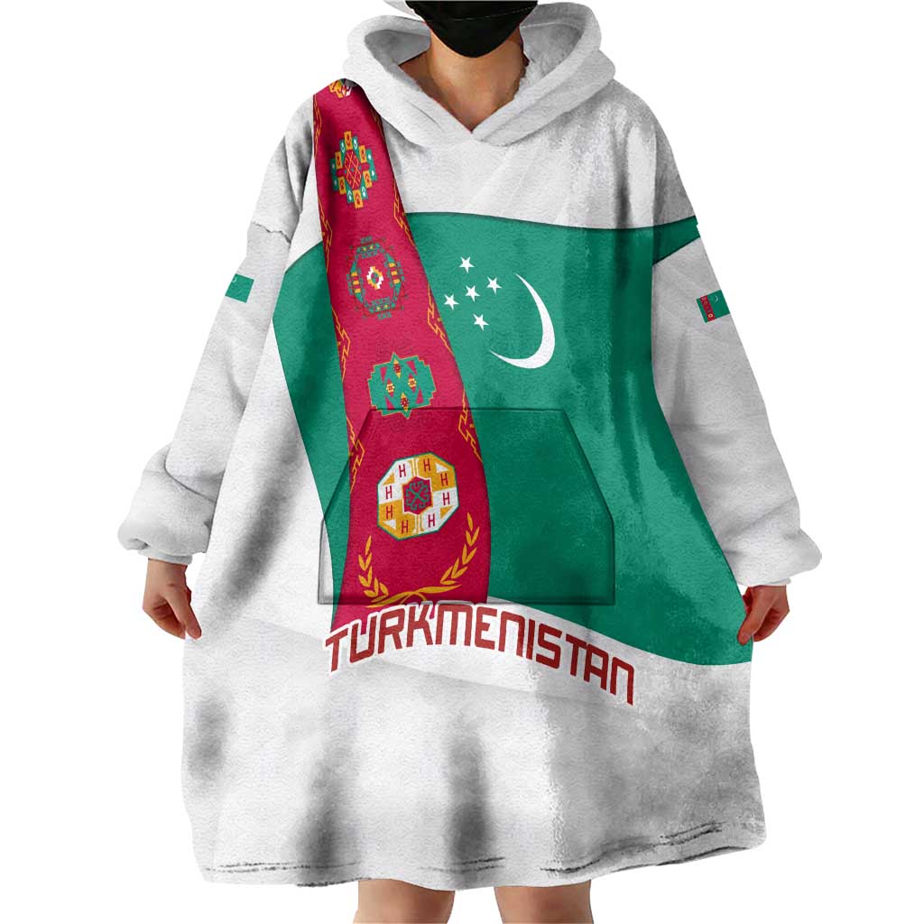 Turkmenistan Flag Wearable Blanket Hoodie with National Emblem and Carpet Stripe Design