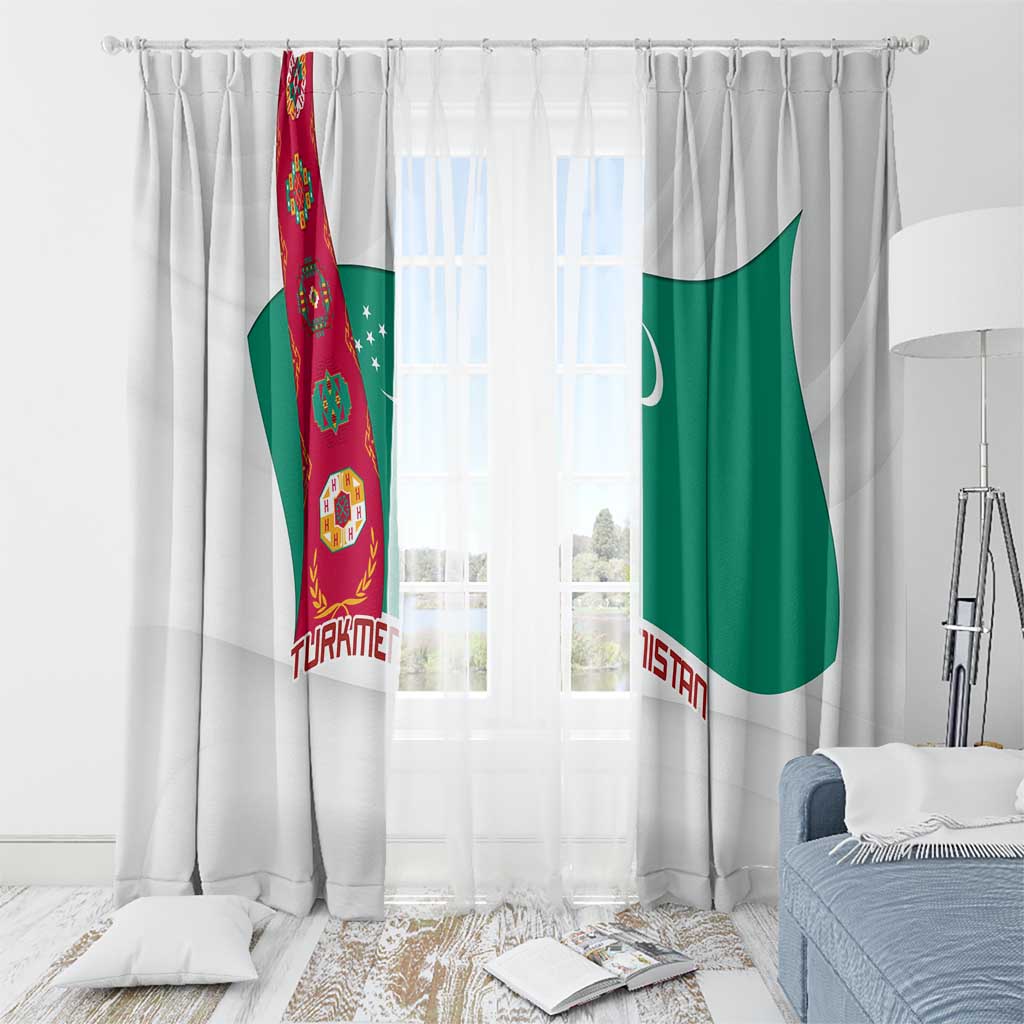 Turkmenistan Flag Window Curtain with National Emblem and Carpet Stripe Design