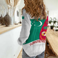 Turkmenistan Flag Women Casual Shirt with National Emblem and Carpet Stripe Design