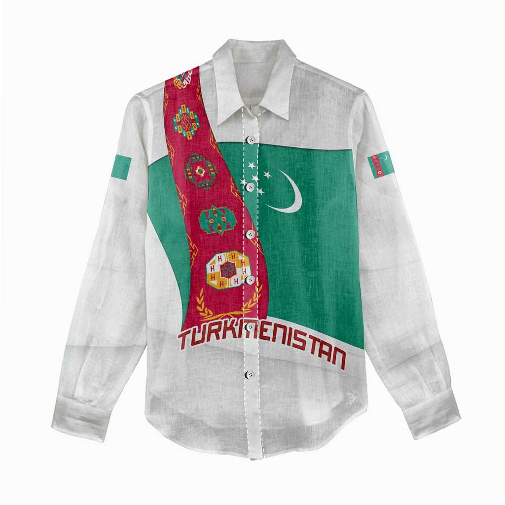 Turkmenistan Flag Women Casual Shirt with National Emblem and Carpet Stripe Design