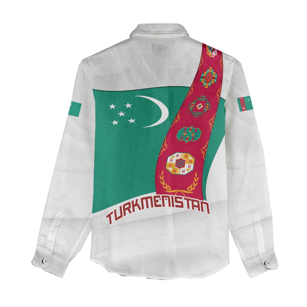 Turkmenistan Flag Women Casual Shirt with National Emblem and Carpet Stripe Design