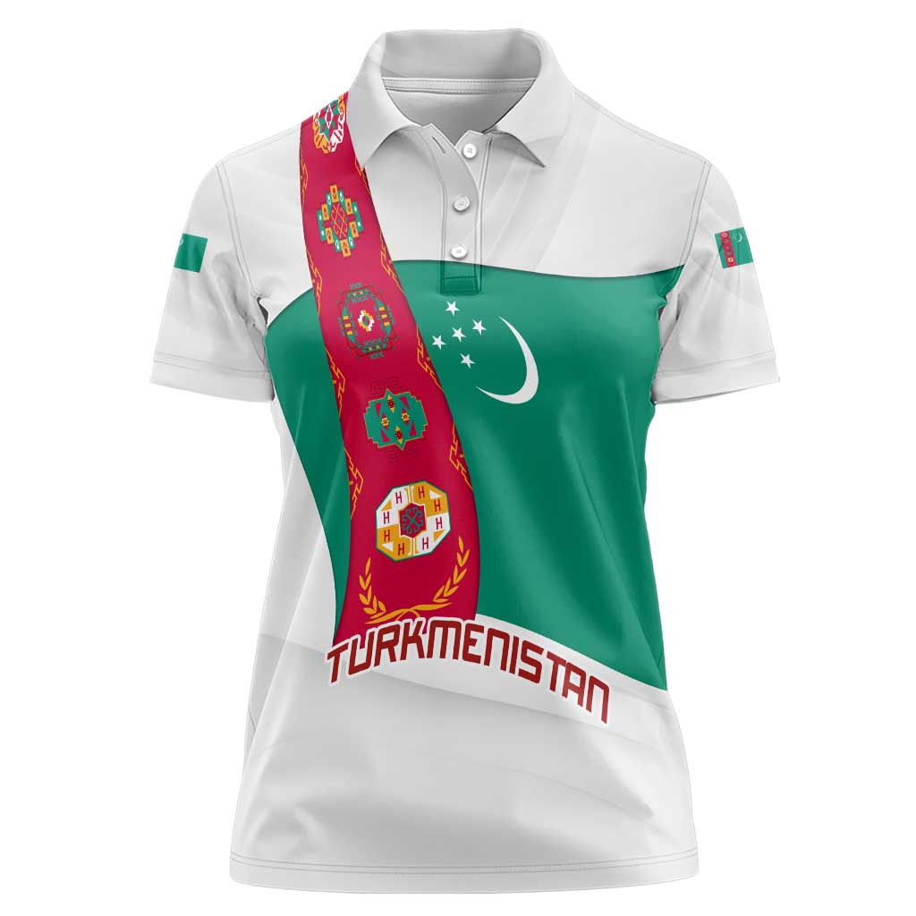 Turkmenistan Flag Women Polo Shirt with National Emblem and Carpet Stripe Design