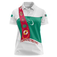 Turkmenistan Flag Women Polo Shirt with National Emblem and Carpet Stripe Design