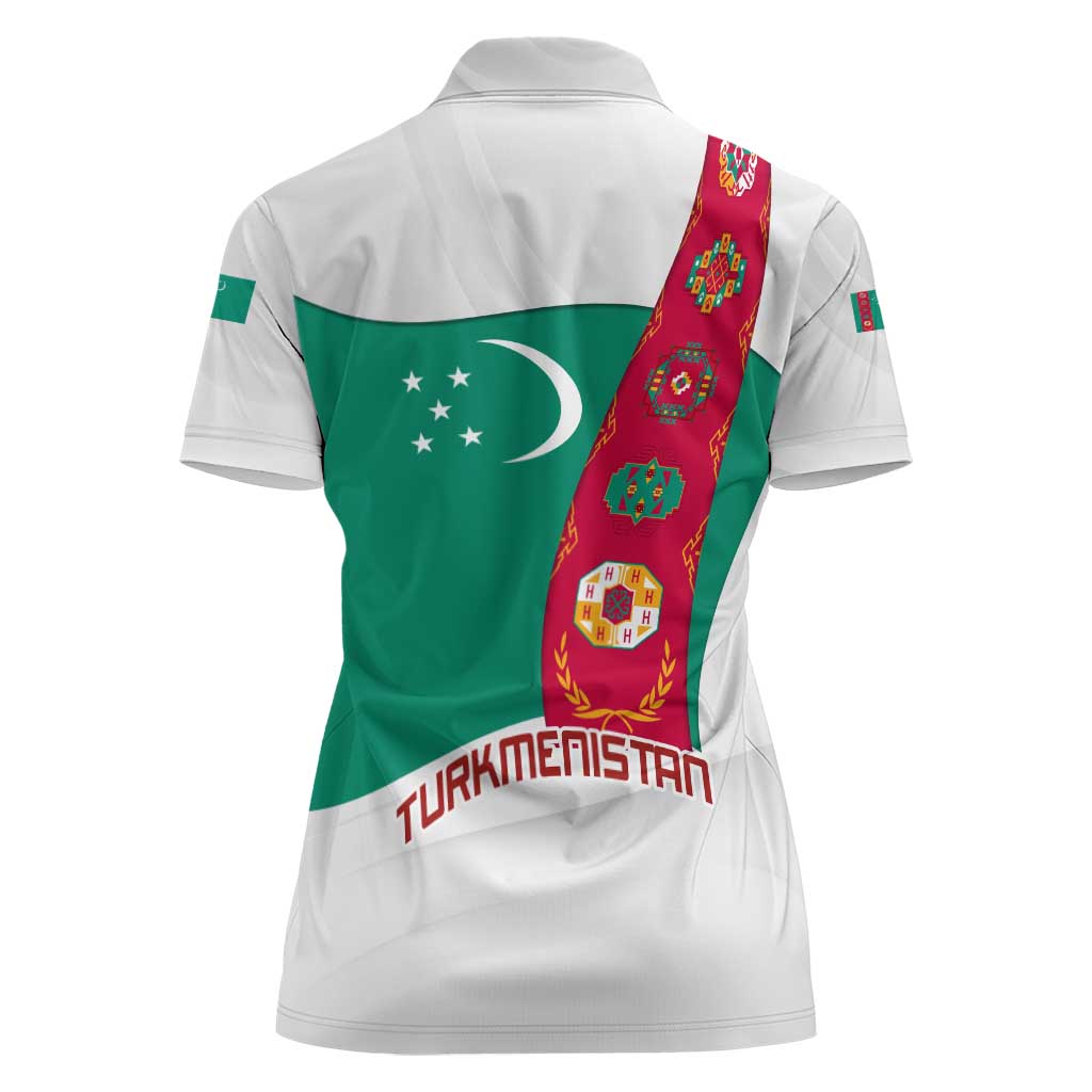 Turkmenistan Flag Women Polo Shirt with National Emblem and Carpet Stripe Design