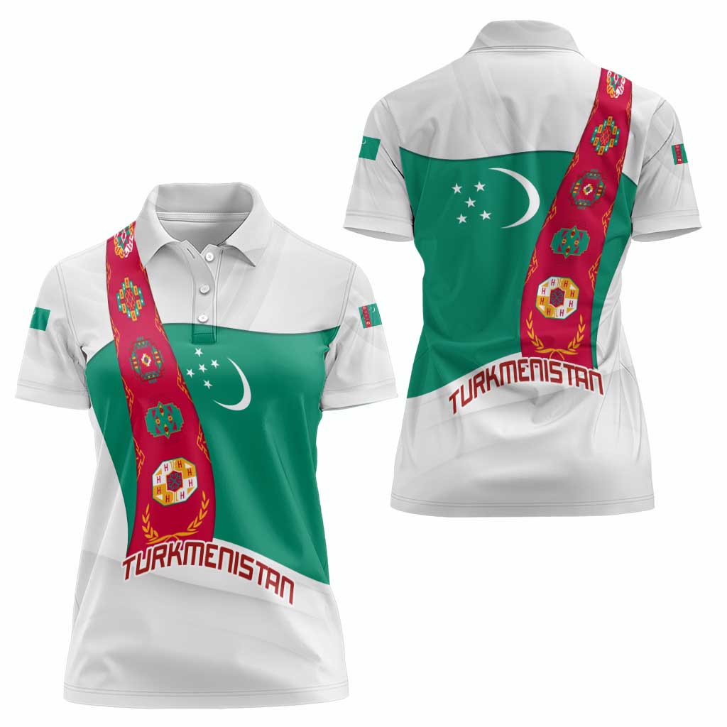 Turkmenistan Flag Women Polo Shirt with National Emblem and Carpet Stripe Design