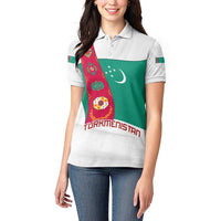 Turkmenistan Flag Women Polo Shirt with National Emblem and Carpet Stripe Design