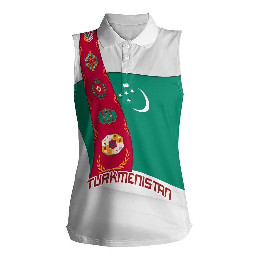 Turkmenistan Flag Women Sleeveless Polo Shirt with National Emblem and Carpet Stripe Design