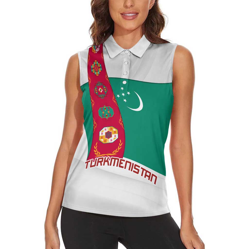 Turkmenistan Flag Women Sleeveless Polo Shirt with National Emblem and Carpet Stripe Design