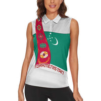 Turkmenistan Flag Women Sleeveless Polo Shirt with National Emblem and Carpet Stripe Design