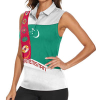 Turkmenistan Flag Women Sleeveless Polo Shirt with National Emblem and Carpet Stripe Design