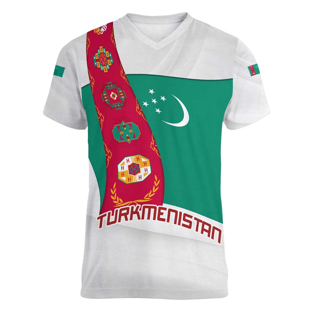 Turkmenistan Flag Women V-Neck T-Shirt with National Emblem and Carpet Stripe Design