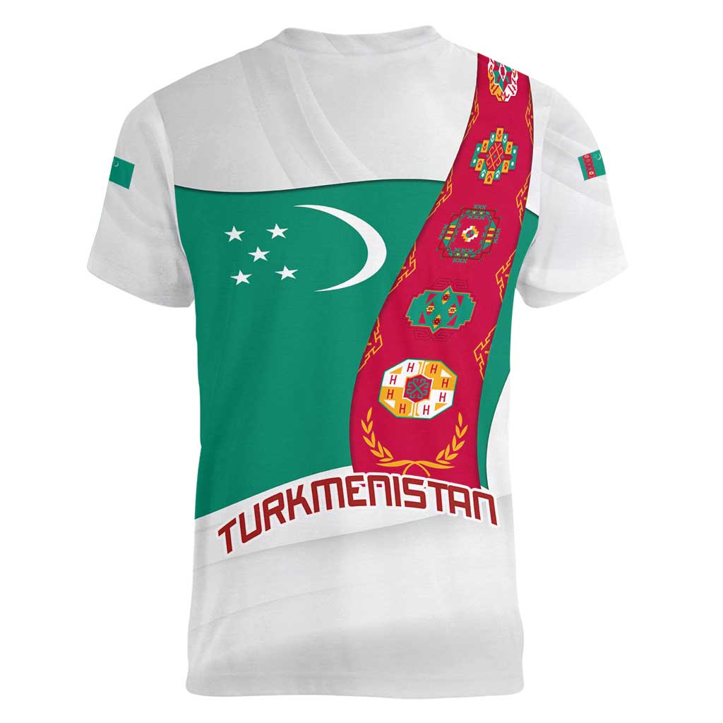 Turkmenistan Flag Women V-Neck T-Shirt with National Emblem and Carpet Stripe Design