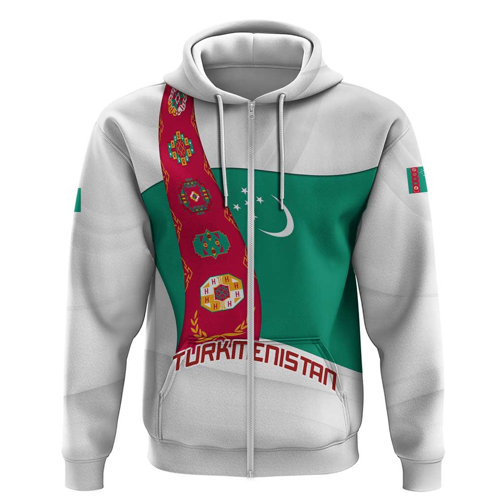 Turkmenistan Flag Zip Hoodie with National Emblem and Carpet Stripe Design
