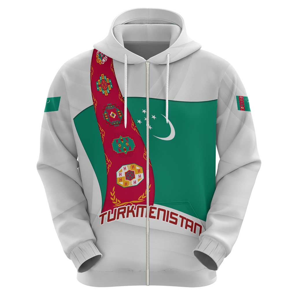 Turkmenistan Flag Zip Hoodie with National Emblem and Carpet Stripe Design