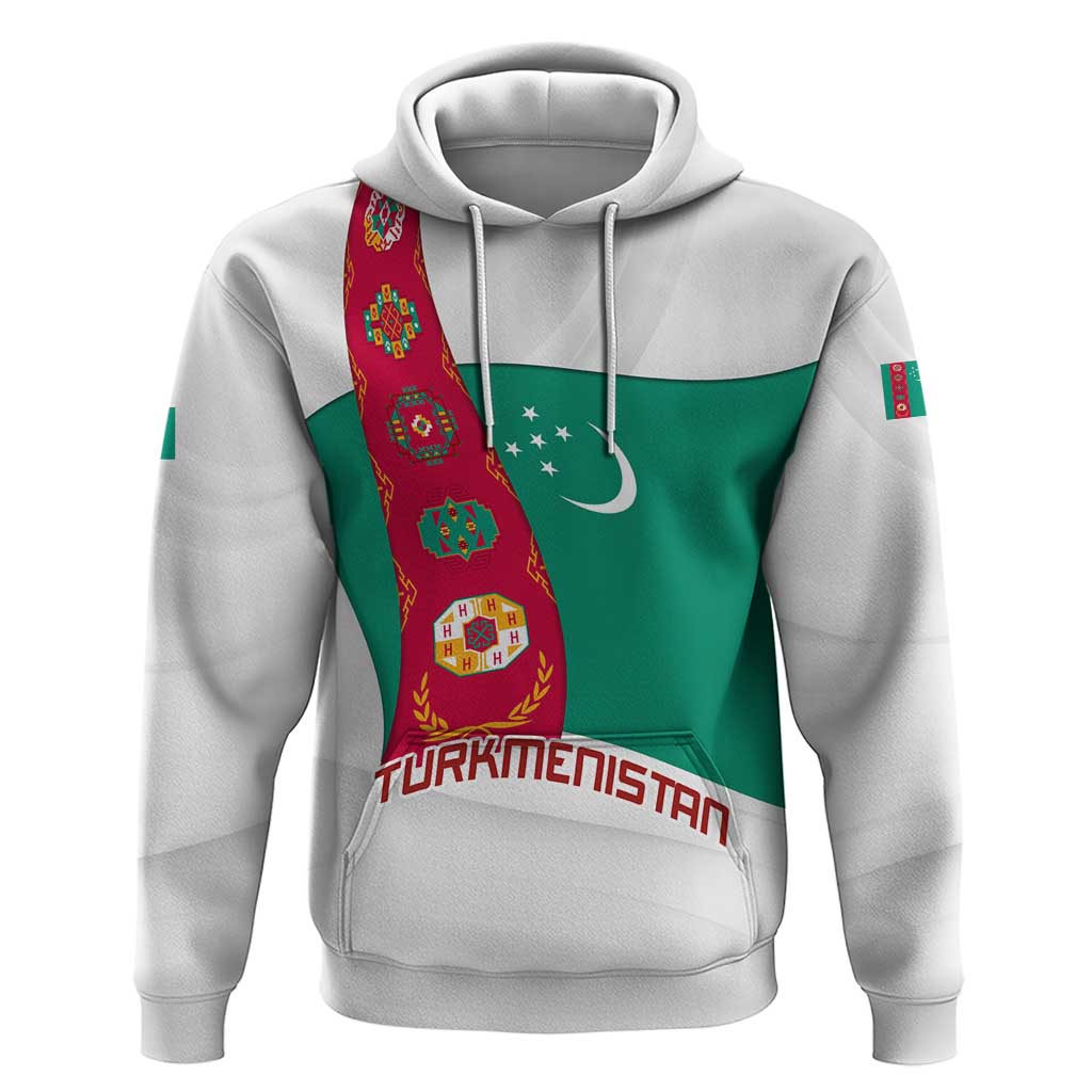 Turkmenistan Flag Zip Hoodie with National Emblem and Carpet Stripe Design