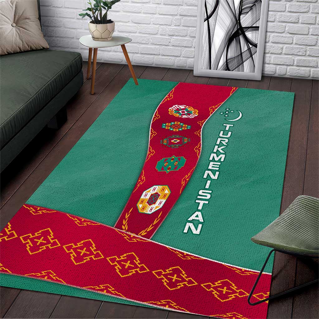 Turkmenistan National Symbols Area Rug with Crescent Moon, Stars, and Traditional Carpet Pattern Design