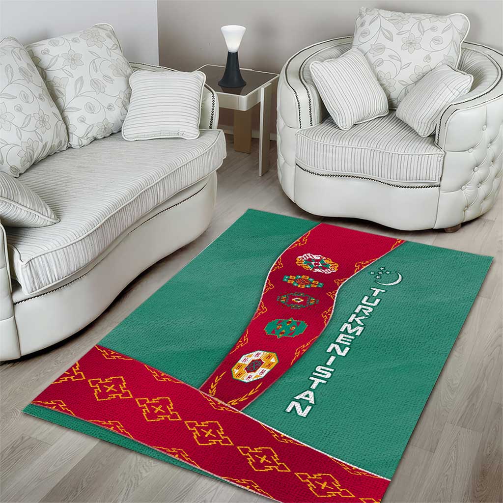 Turkmenistan National Symbols Area Rug with Crescent Moon, Stars, and Traditional Carpet Pattern Design