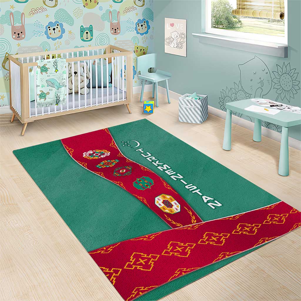 Turkmenistan National Symbols Area Rug with Crescent Moon, Stars, and Traditional Carpet Pattern Design