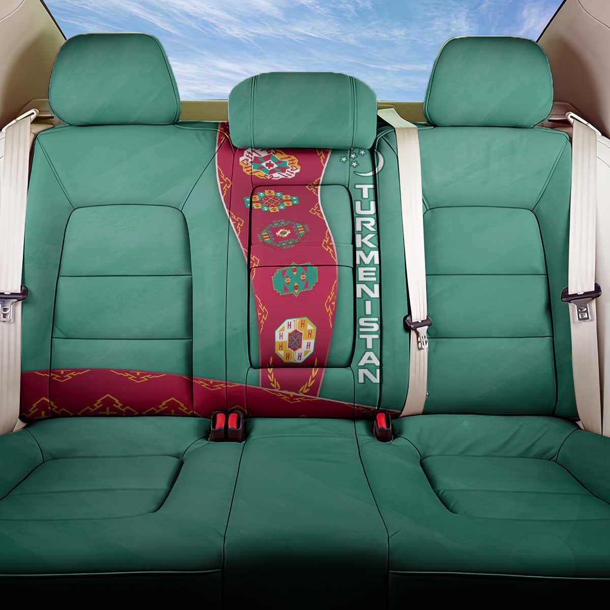 Turkmenistan National Symbols Back Car Seat Cover with Crescent Moon, Stars, and Traditional Carpet Pattern Design