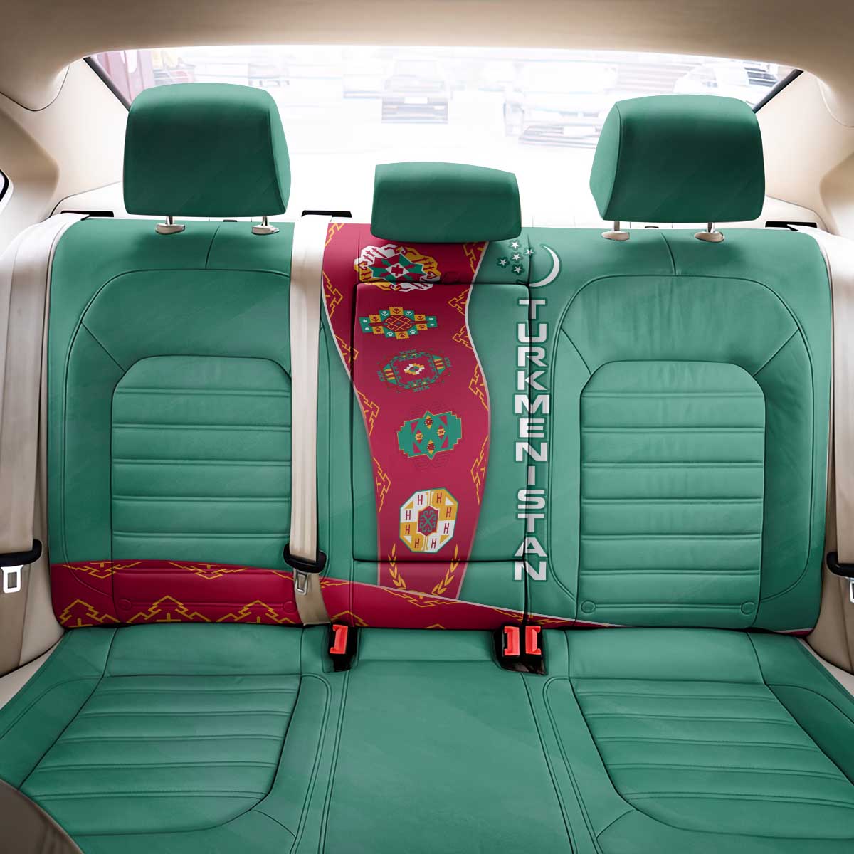 Turkmenistan National Symbols Back Car Seat Cover with Crescent Moon, Stars, and Traditional Carpet Pattern Design