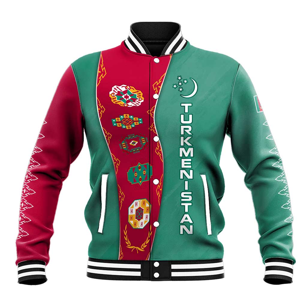 Turkmenistan National Symbols Baseball Jacket with Crescent Moon, Stars, and Traditional Carpet Pattern Design