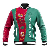 Turkmenistan National Symbols Baseball Jacket with Crescent Moon, Stars, and Traditional Carpet Pattern Design