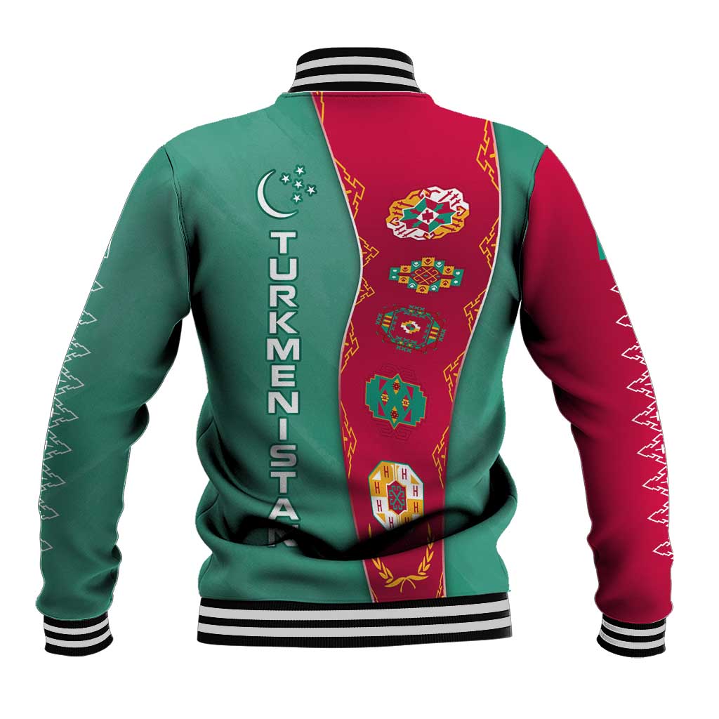 Turkmenistan National Symbols Baseball Jacket with Crescent Moon, Stars, and Traditional Carpet Pattern Design