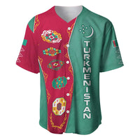 Turkmenistan National Symbols Baseball Jersey with Crescent Moon, Stars, and Traditional Carpet Pattern Design