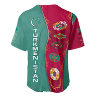 Turkmenistan National Symbols Baseball Jersey with Crescent Moon, Stars, and Traditional Carpet Pattern Design