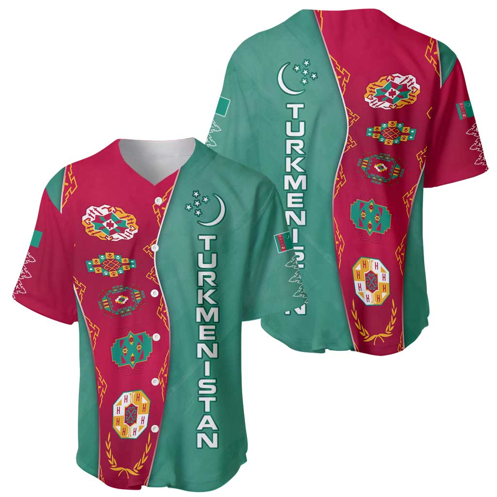 Turkmenistan National Symbols Baseball Jersey with Crescent Moon, Stars, and Traditional Carpet Pattern Design