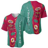 Turkmenistan National Symbols Baseball Jersey with Crescent Moon, Stars, and Traditional Carpet Pattern Design