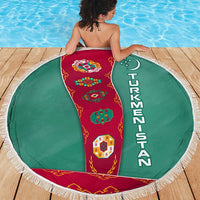 Turkmenistan National Symbols Beach Blanket with Crescent Moon, Stars, and Traditional Carpet Pattern Design