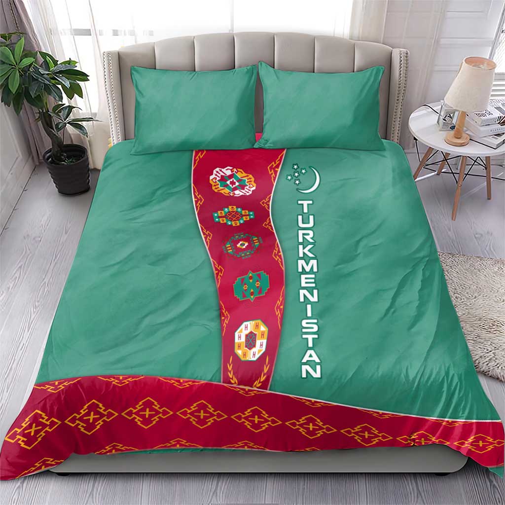 Turkmenistan National Symbols Bedding Set with Crescent Moon, Stars, and Traditional Carpet Pattern Design