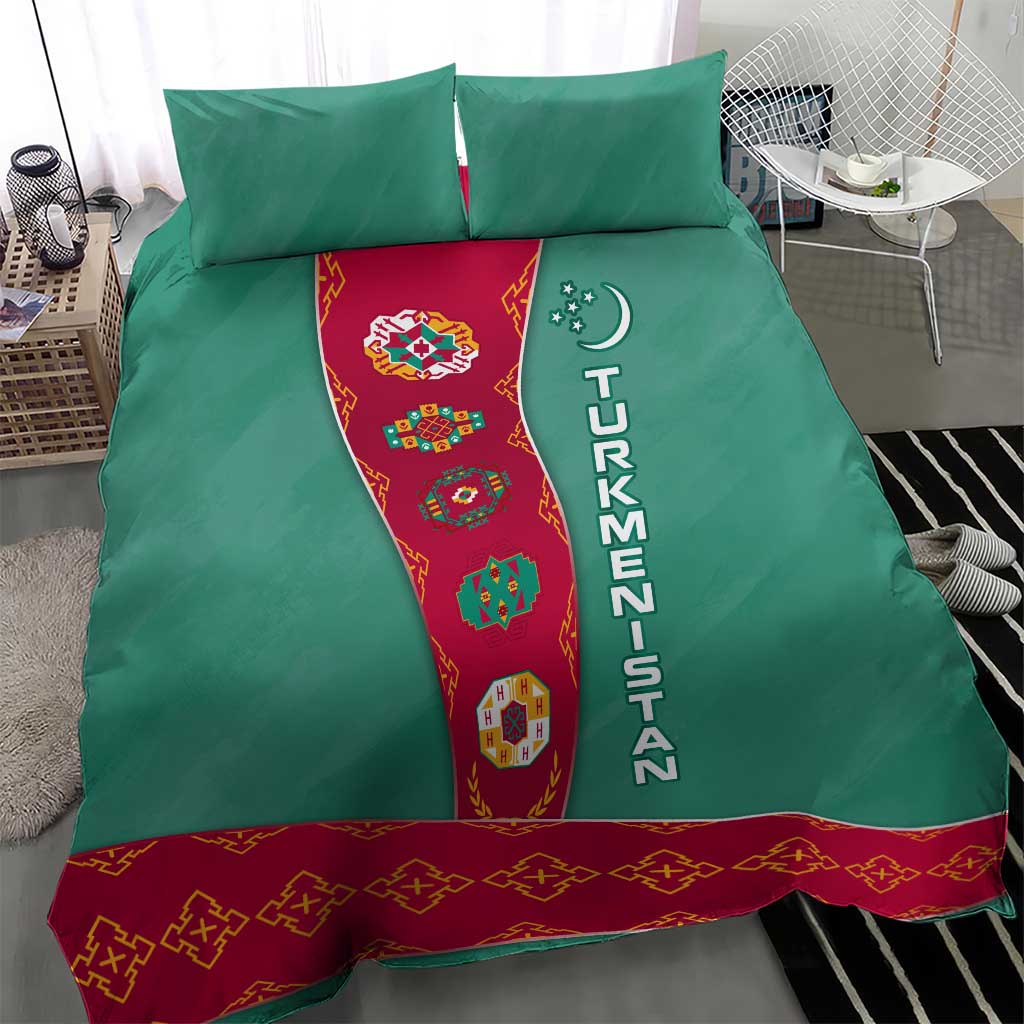 Turkmenistan National Symbols Bedding Set with Crescent Moon, Stars, and Traditional Carpet Pattern Design
