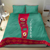 Turkmenistan National Symbols Bedding Set with Crescent Moon, Stars, and Traditional Carpet Pattern Design