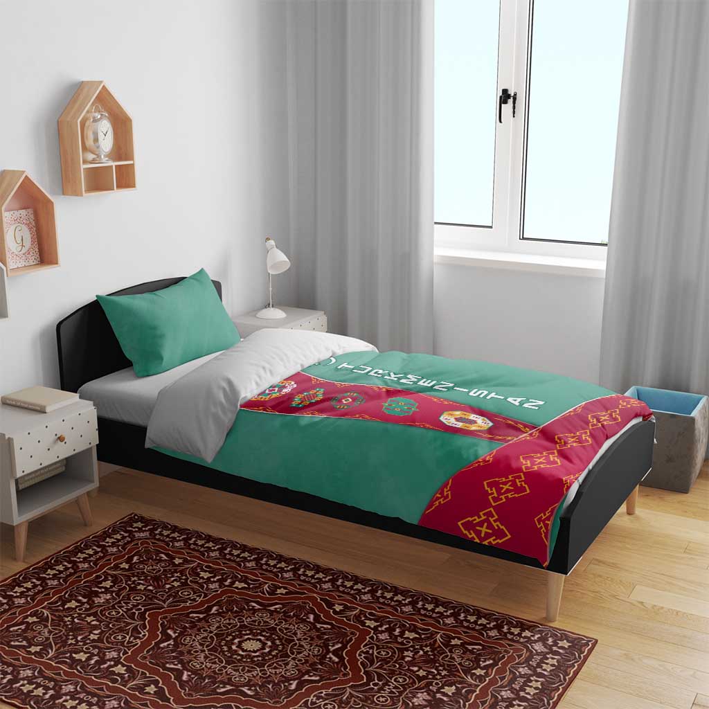 Turkmenistan National Symbols Bedding Set with Crescent Moon, Stars, and Traditional Carpet Pattern Design
